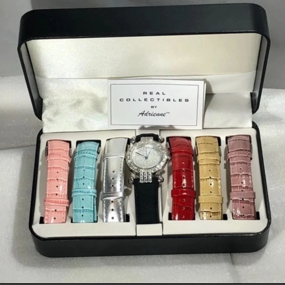 REAL COLLECTIBLES BY ADRIENNE WATCH SET CRYSTAL BEZEL & 7 COLORFUL BANDS - NIB
